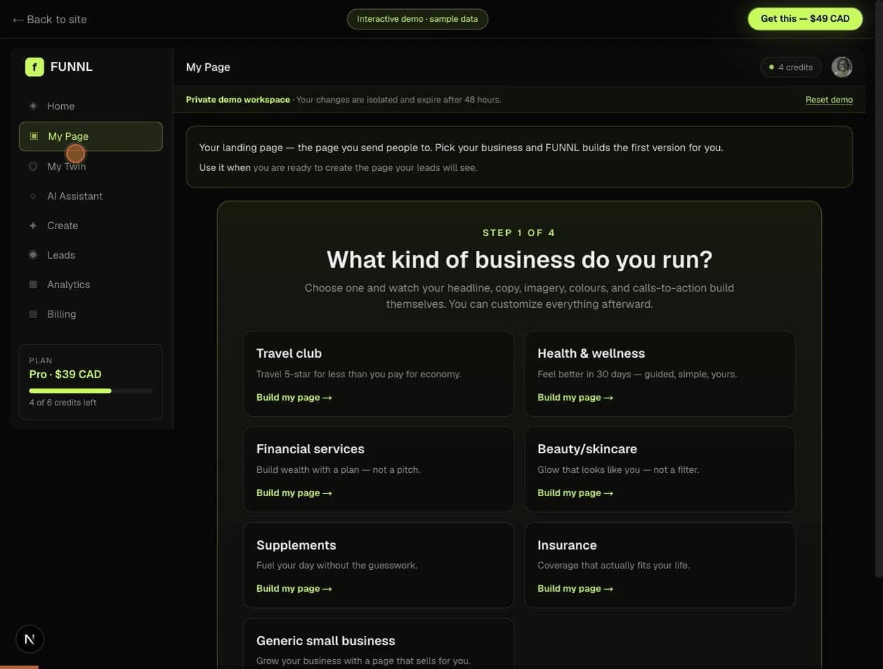 FUNNL dashboard showing content, funnel, lead, and follow-up tools